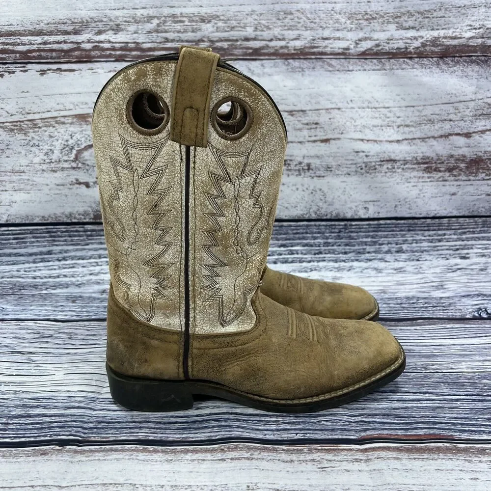Smoky Mountain Boots Drifter Brown & White Leather Square Toe Western, Youth 3.5